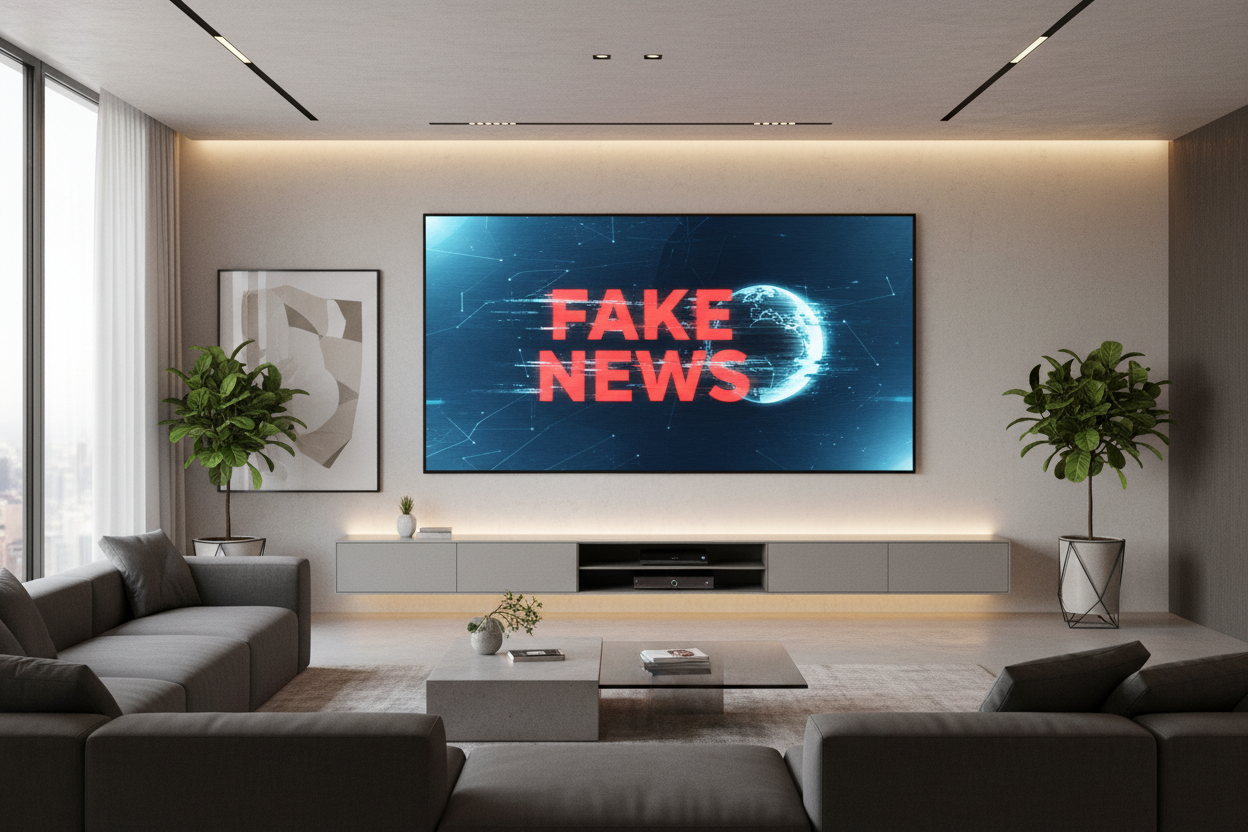 create me a room with a screen saying Fake News