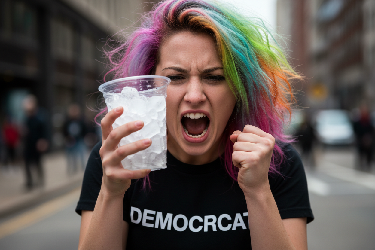 make her look like she is yelling at a cup of ice